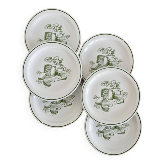 6 assiettes à fromage vintage porcelaine blanche motif et liseré vert