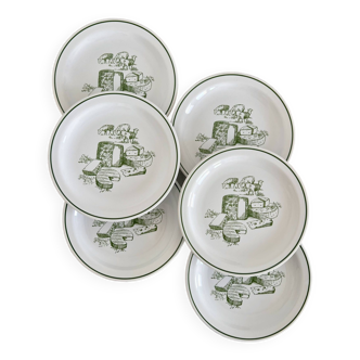 6 vintage white porcelain cheese plates with green edging and pattern