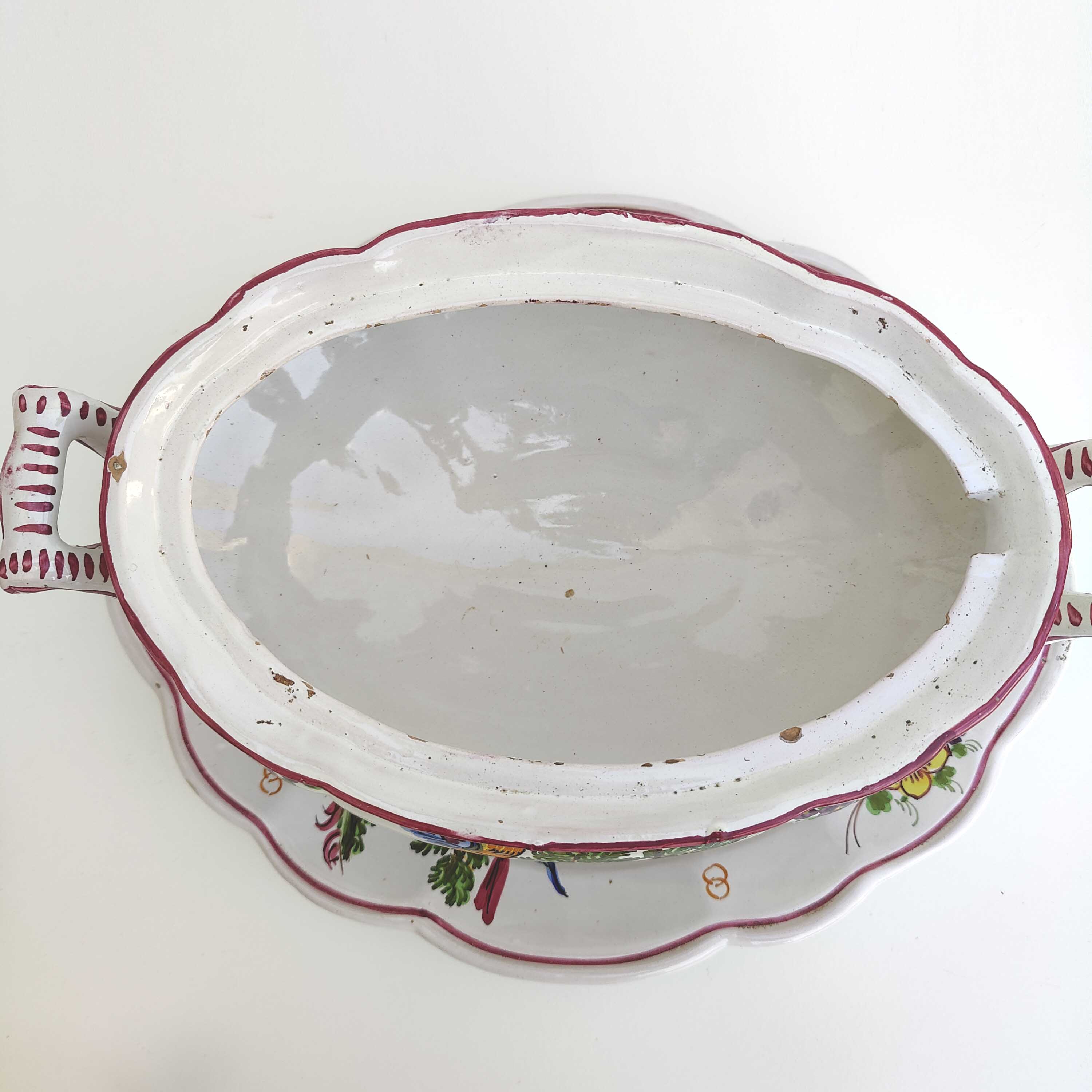 Italian porcelain soup tureen with bird and flower decor