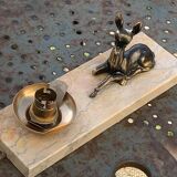 Table lamp, Biche, fawn in gilded brass on a beige marble base, art deco Velvet underside