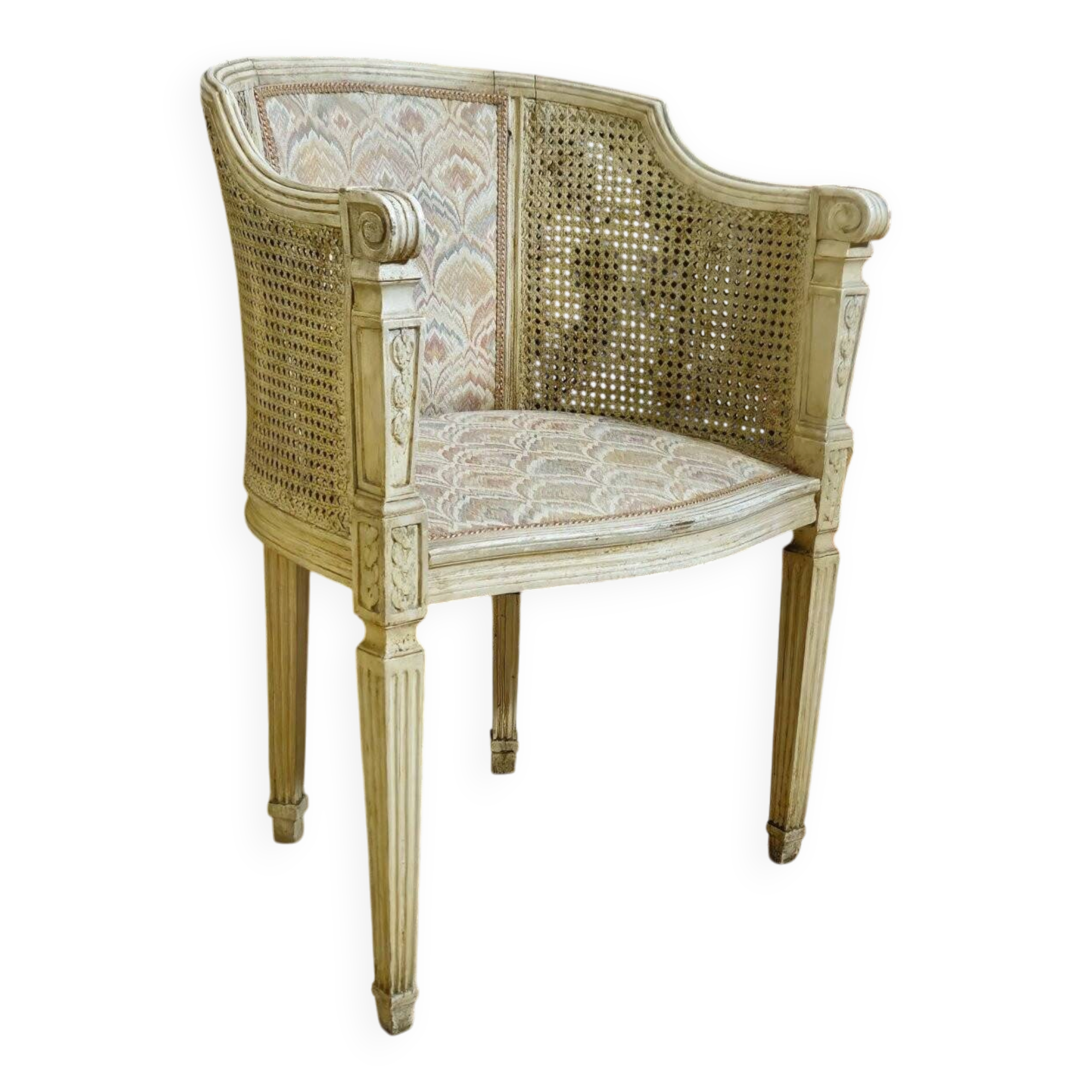 Louis XVI style office chair in lacquered wood, caning and fabric.