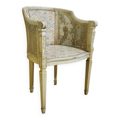 Fauteuil de bureau de style Louis XVI en bois laqué, cannage et tissu