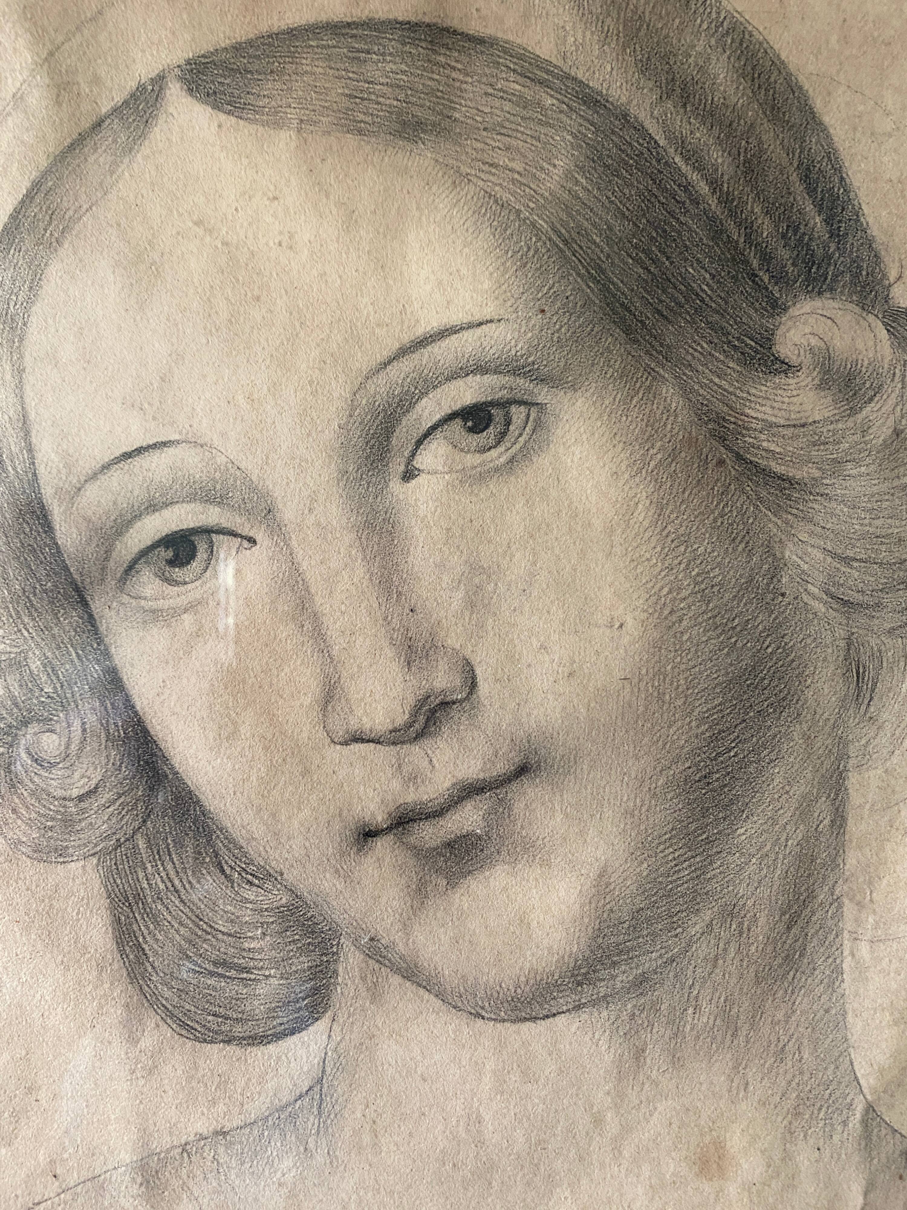 Painting drawing "Portrait of woman" nineteenth century lead mine signed Mauder