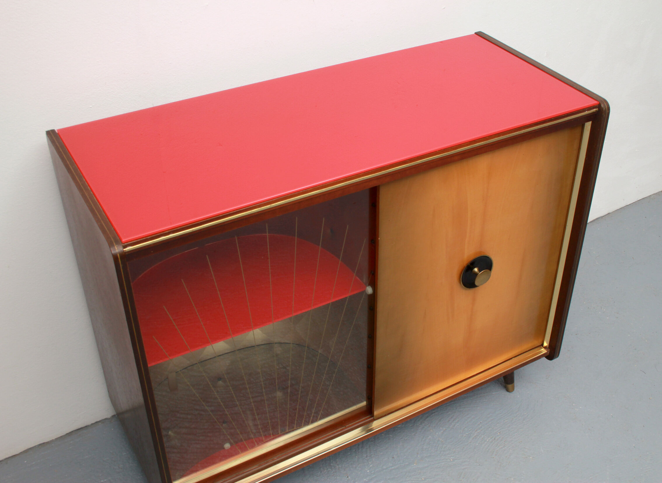 1950s bar cabinet in maple and glass