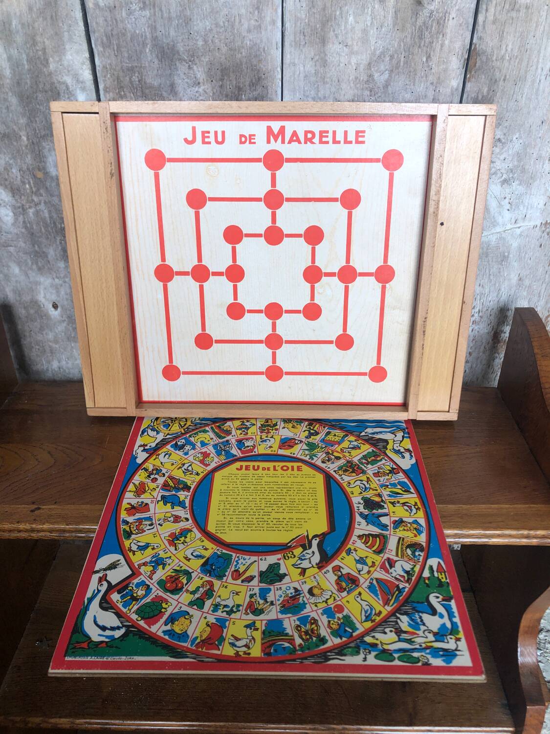 Old Board Game of Checkers, Goose, Hopscotch & Little Horses in Vintage Wooden