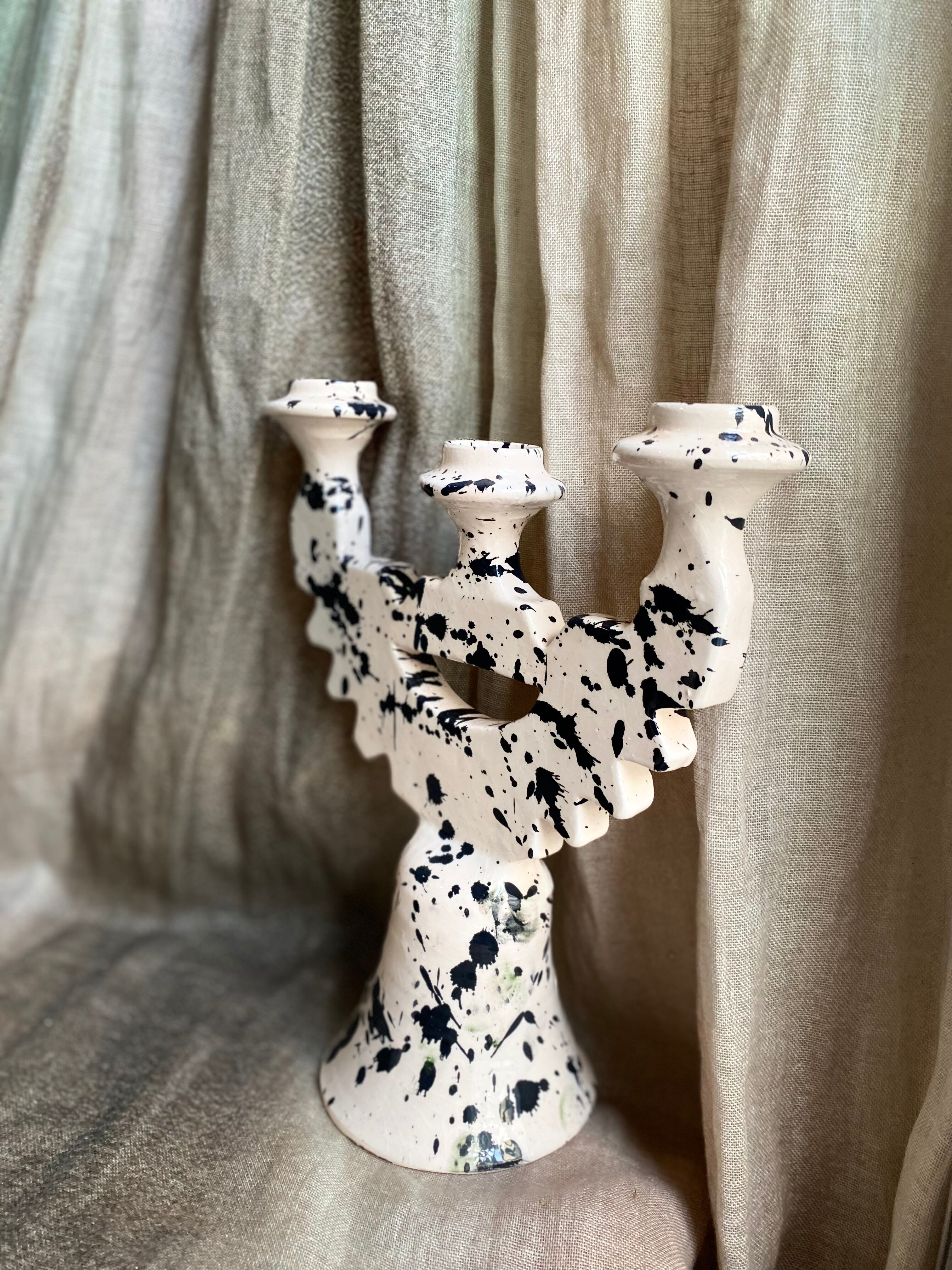3-headed black spotted terracotta candle holder