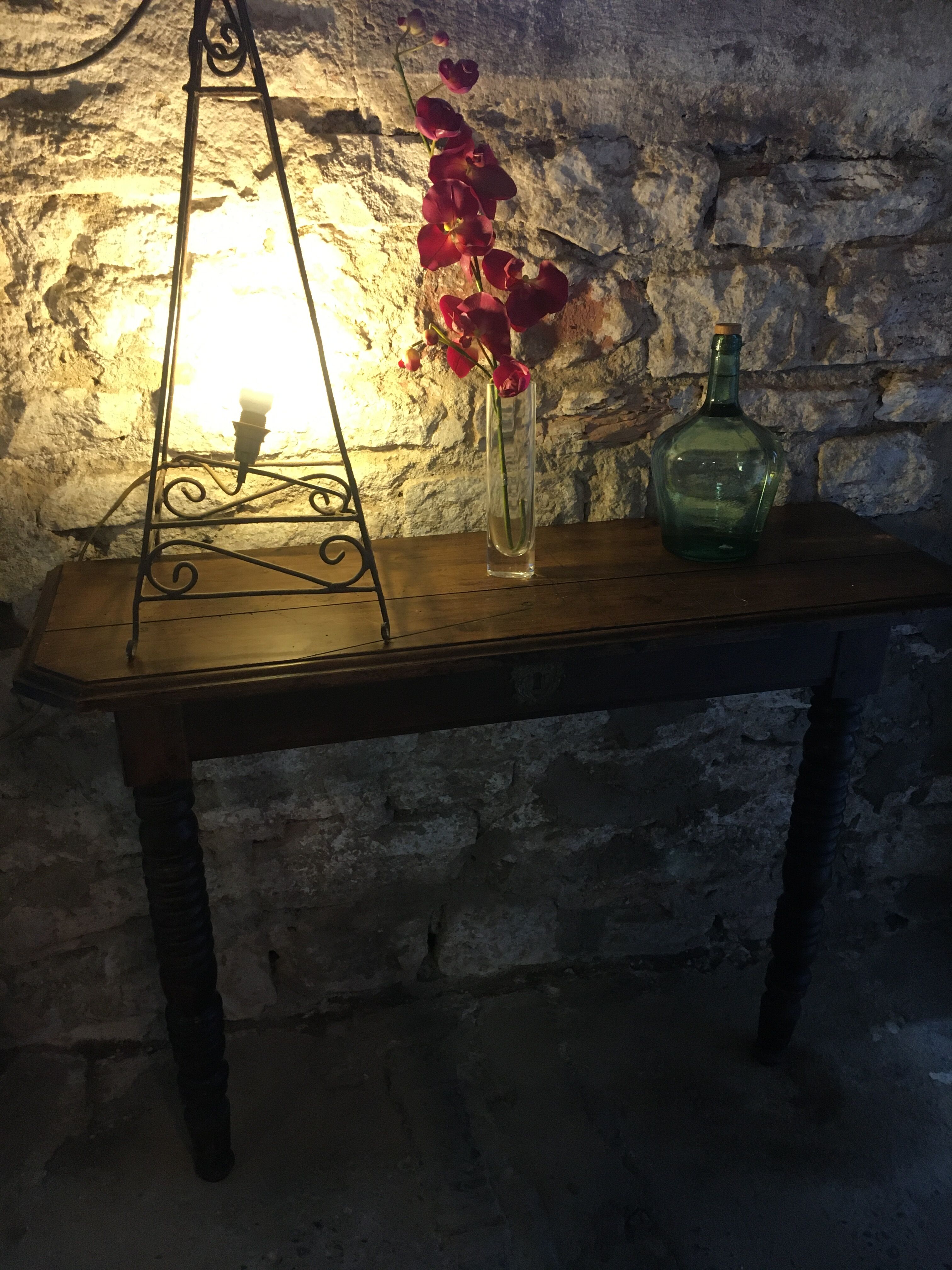Oak console and walnut feet