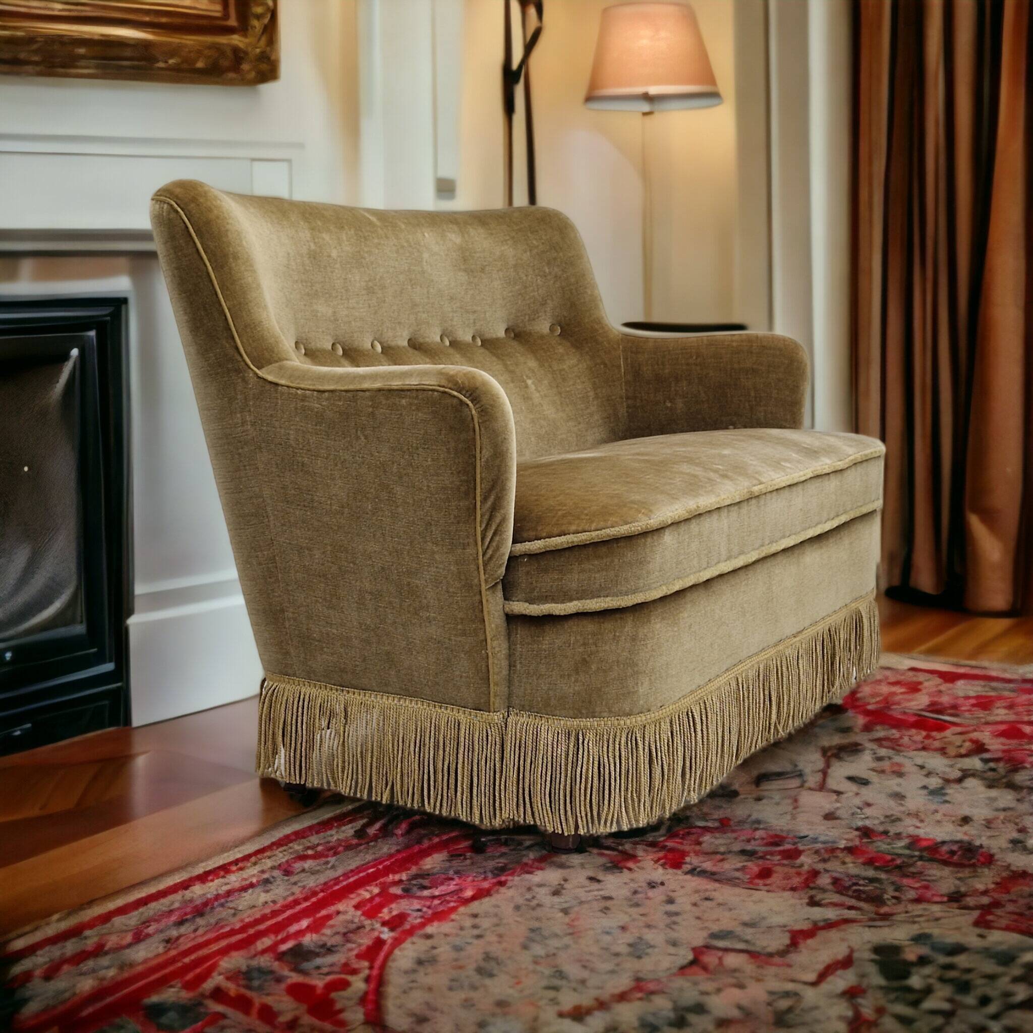 Danish velour 2 seater sofa, original condition, beech wood, 1960s