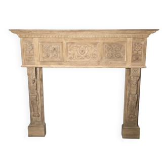 Antique Renaissance-style fireplace in solid oak, early 20th century.