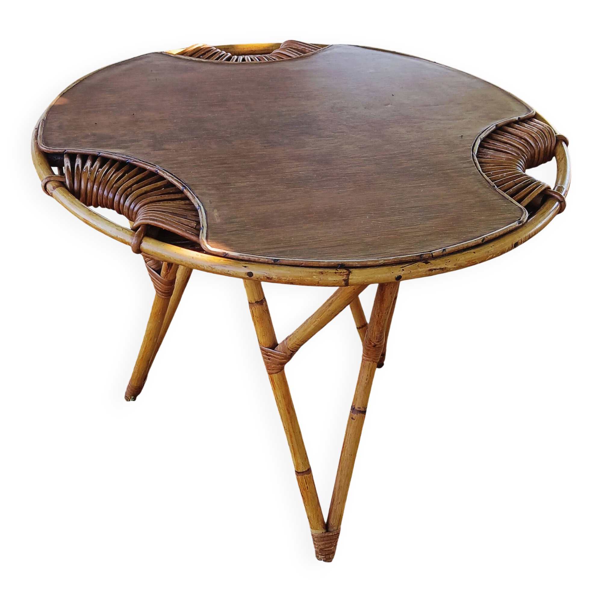 Table basse tripode en rotin années 50  j.abraham/d.jan rol