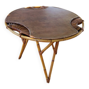 Table basse tripode en rotin années 50  j.abraham/d.jan rol