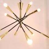 Black and brass articulated Sputnik chandelier in Stilnovo style, Italy, 1950.