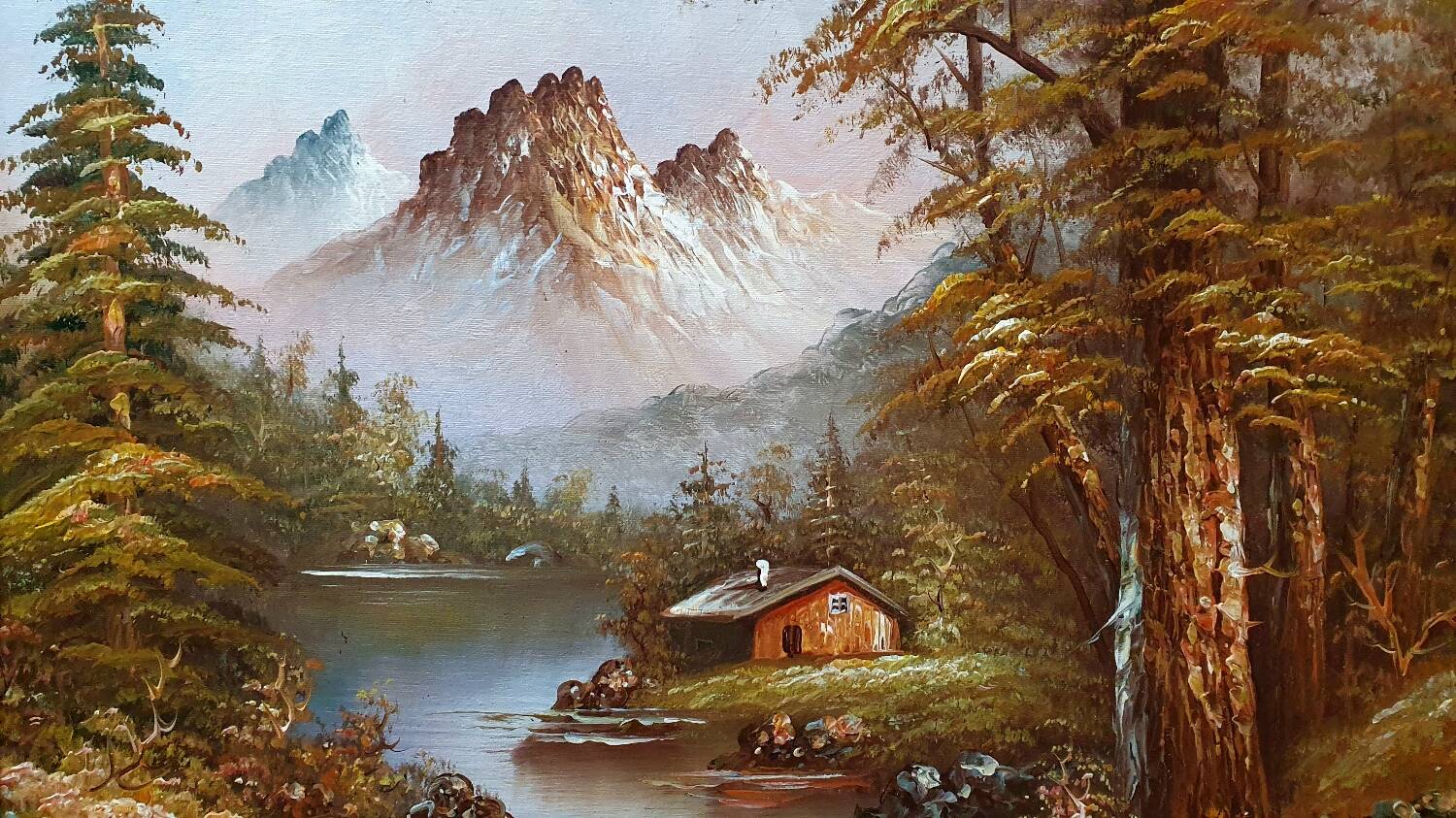 Tableau huile sur toile chalet dans la montagne signé Kaufman