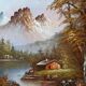 Tableau huile sur toile chalet dans la montagne signé Kaufman