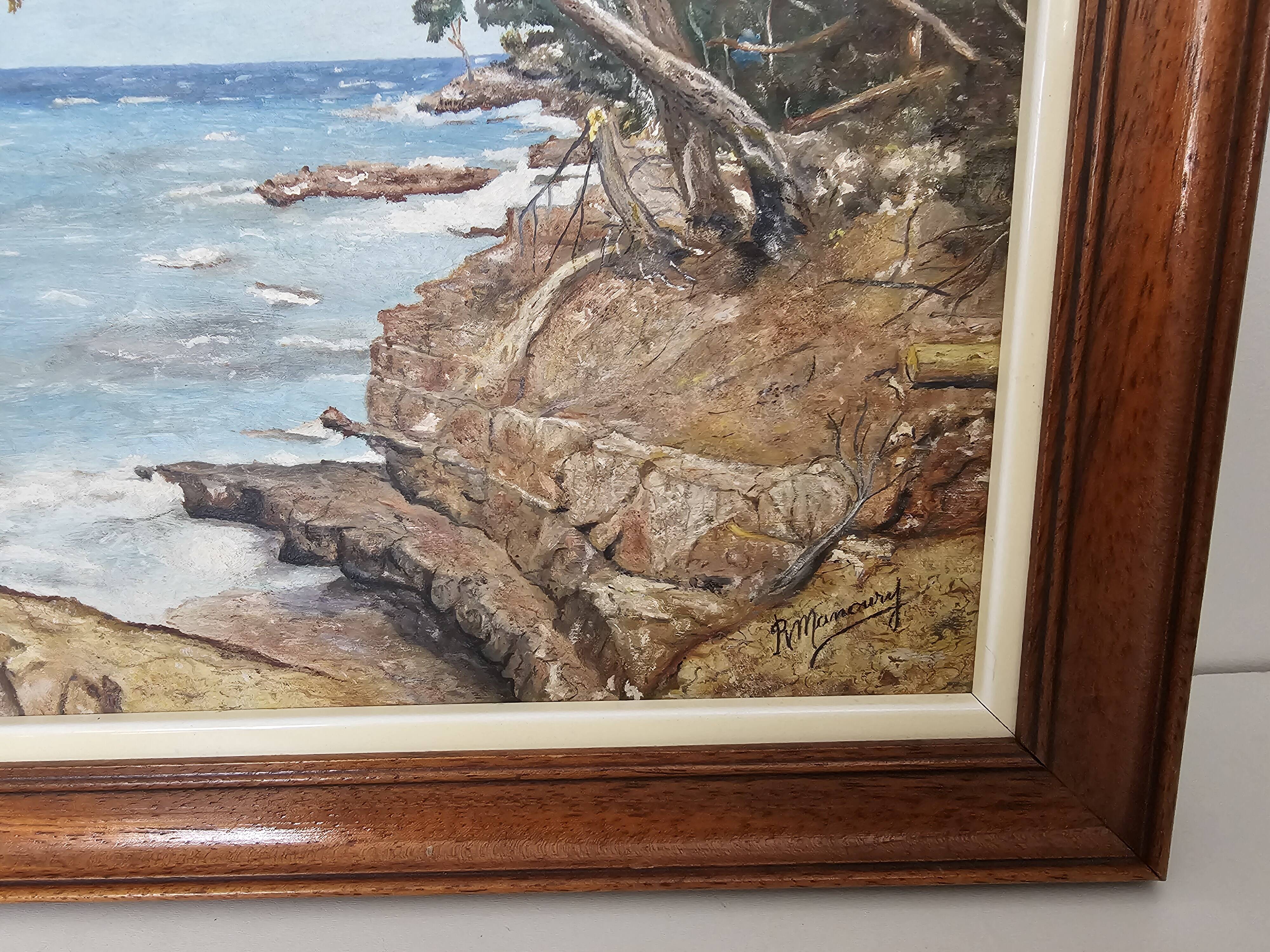 Oil painting on panel, landscape of Île Sainte-Marguerite, signed R. Manou