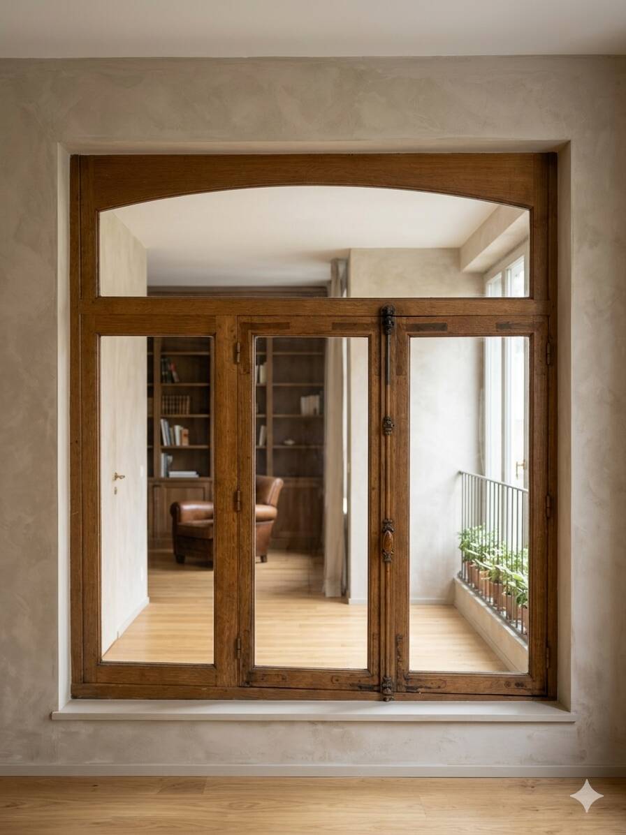 Old solid oak window from the early 20th century.
