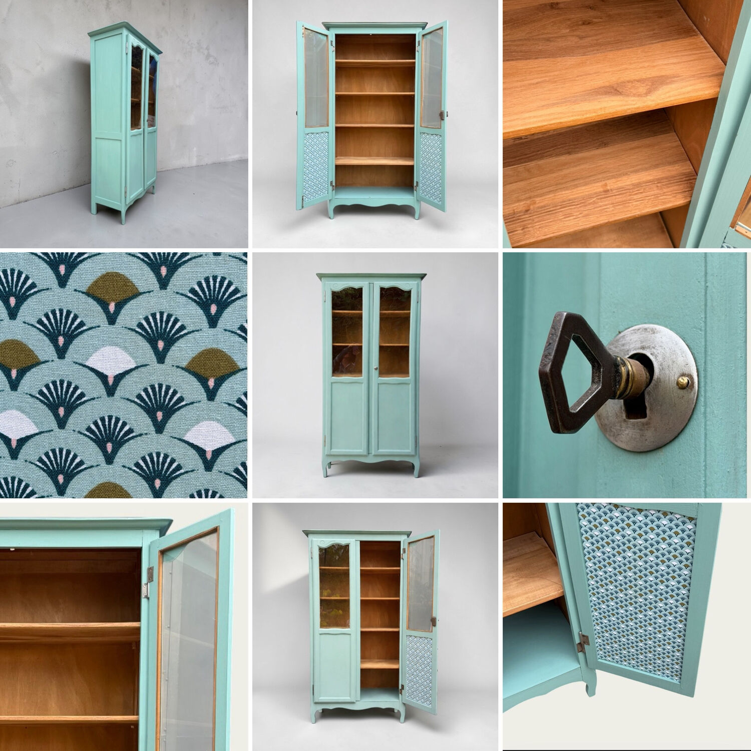 Vintage grey-green glass cabinet from the 1960s.