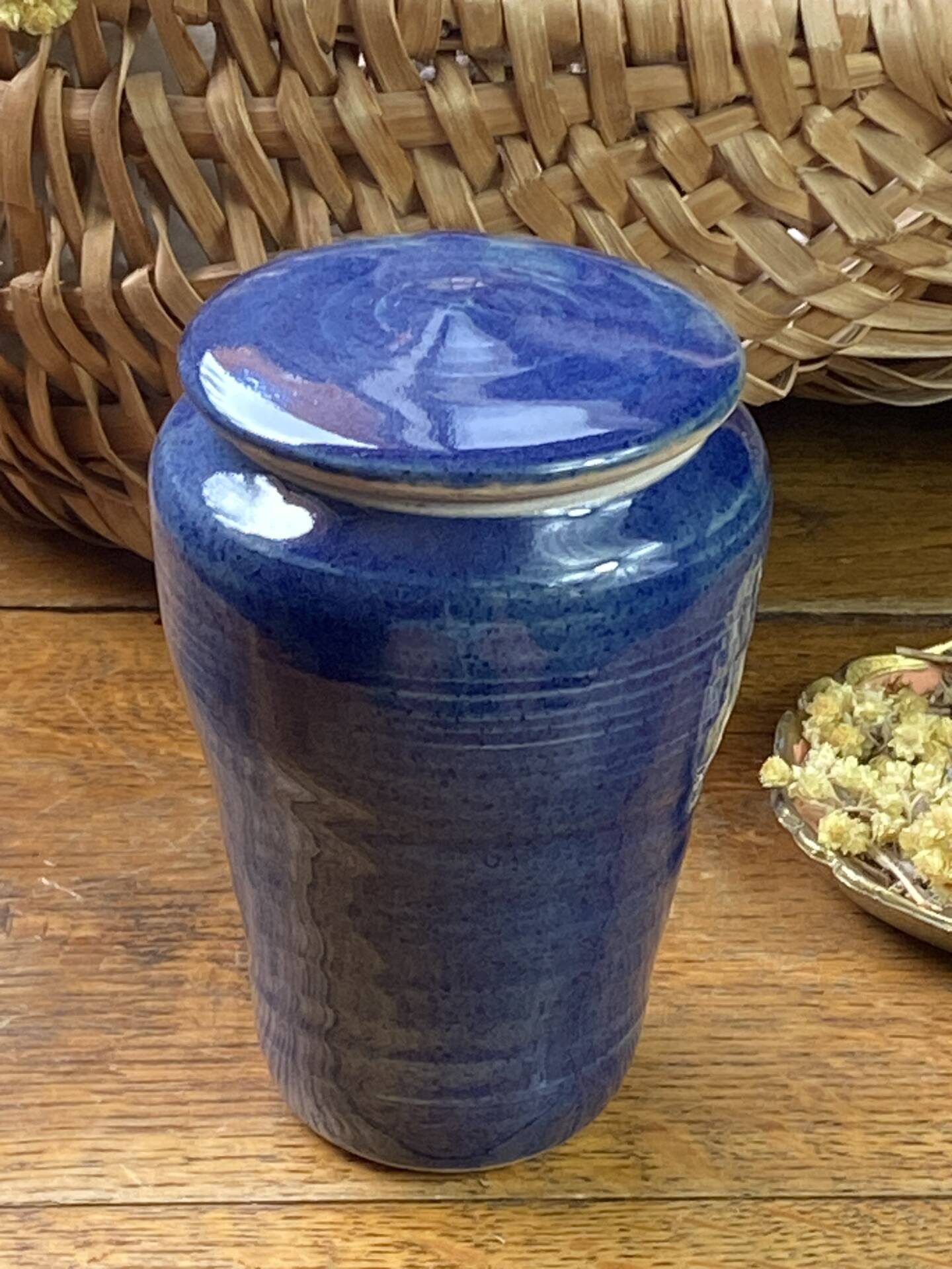 Glazed blue stoneware bonbonnière