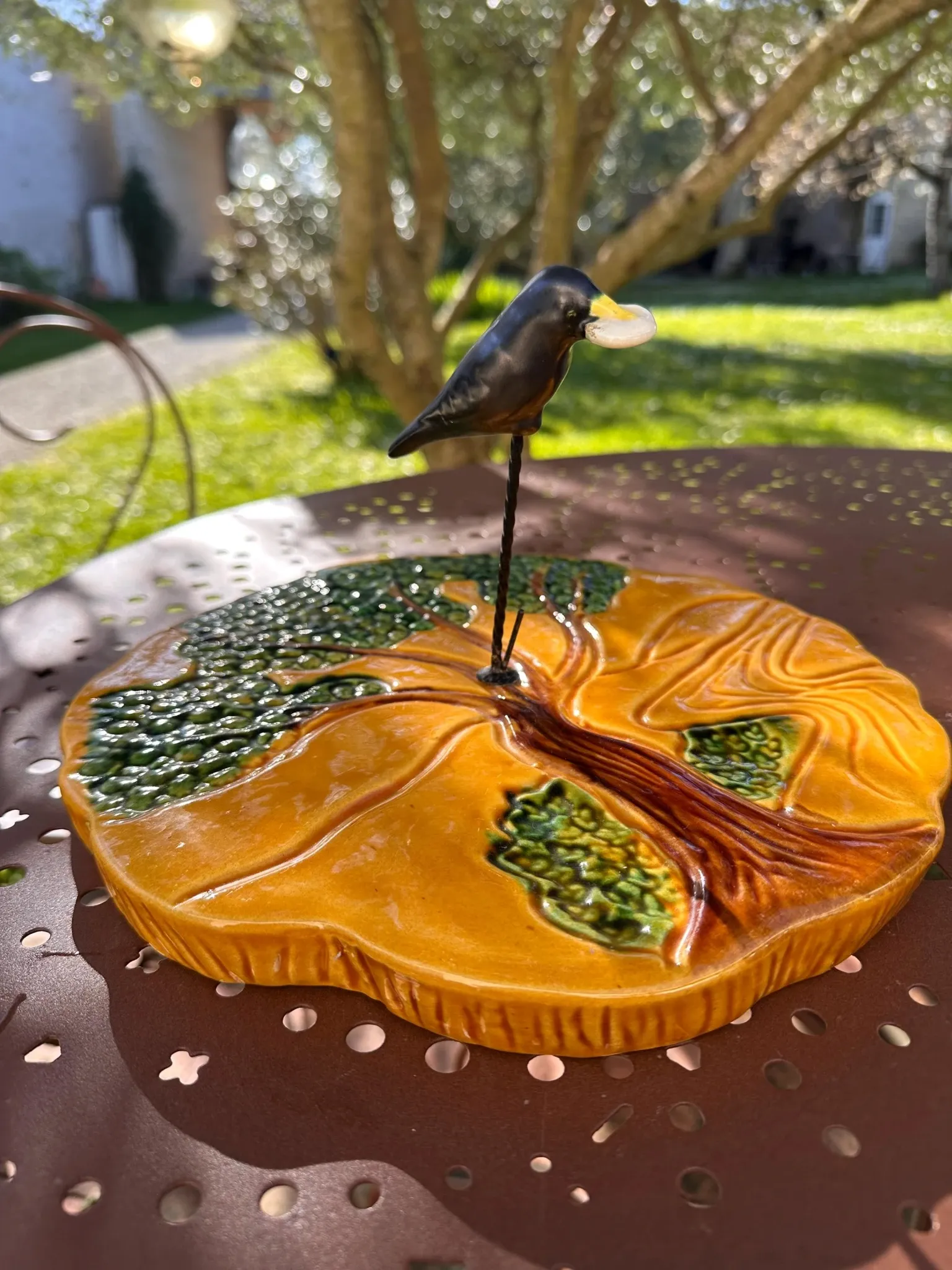 Ceramic cheese platter Vallauris, crow and tree, years