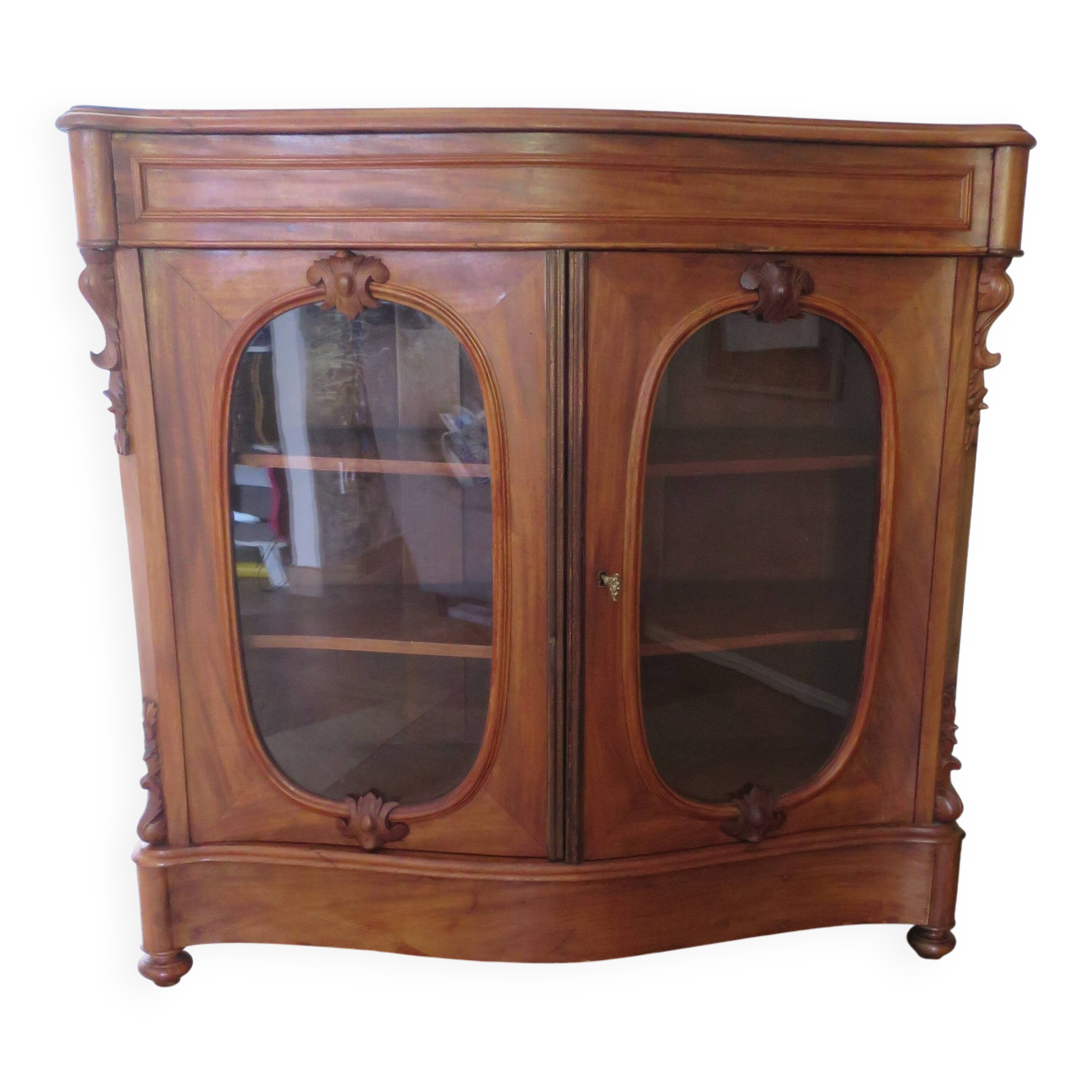 Curved showcase library carved wood 2 doors mahogany English style