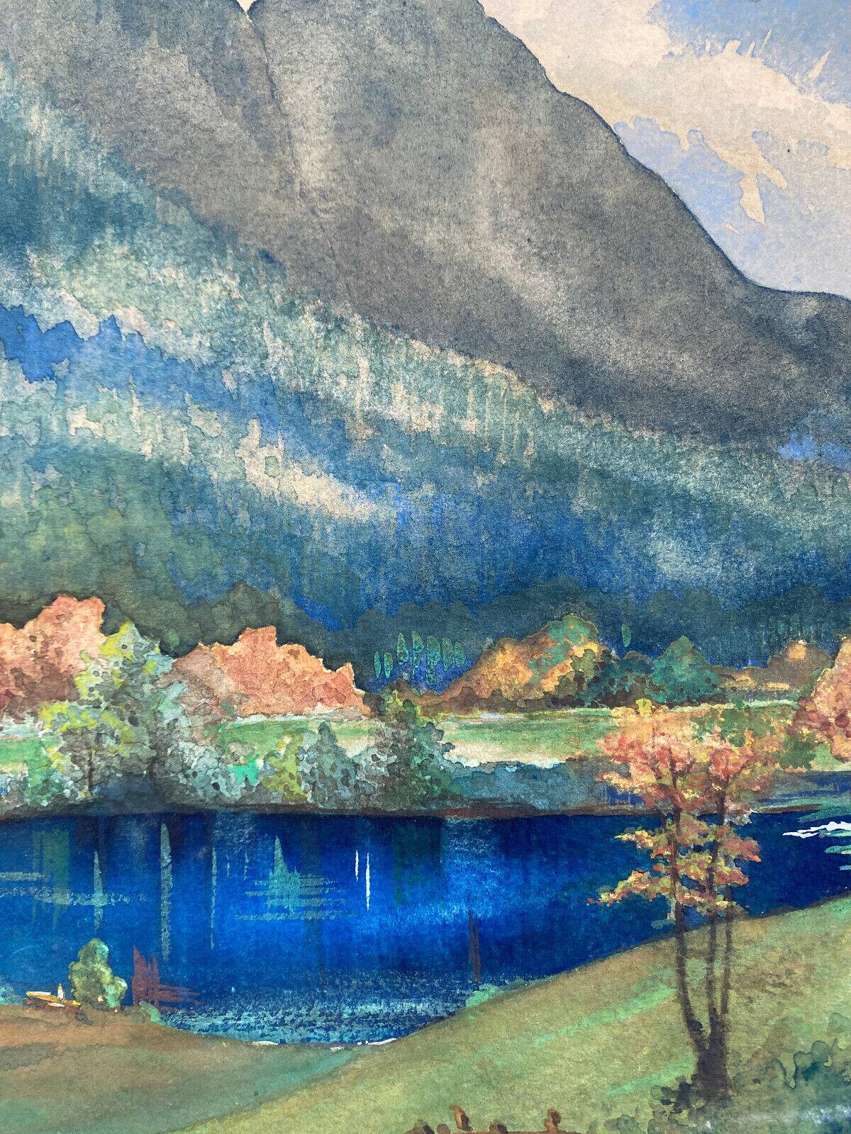 Watercolor Painting "Alpine landscape" with river and snow-capped mountains
