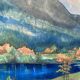 Watercolor Painting "Alpine landscape" with river and snow-capped mountains