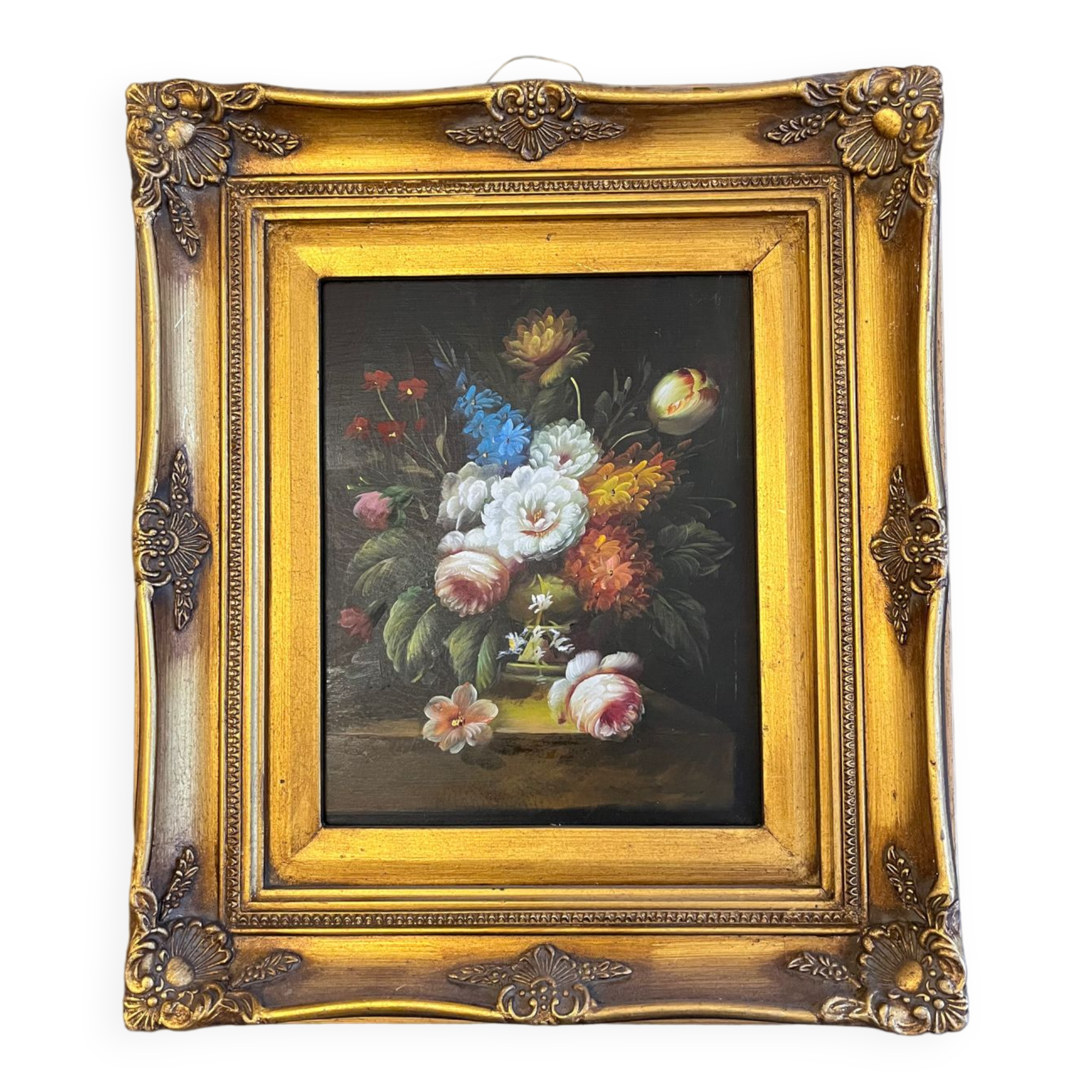 Oil on panel: still life with flowers