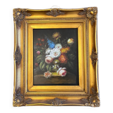 Oil on panel: still life with flowers