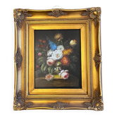 Oil on panel: still life with flowers