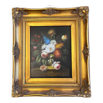 Oil on panel: still life with flowers