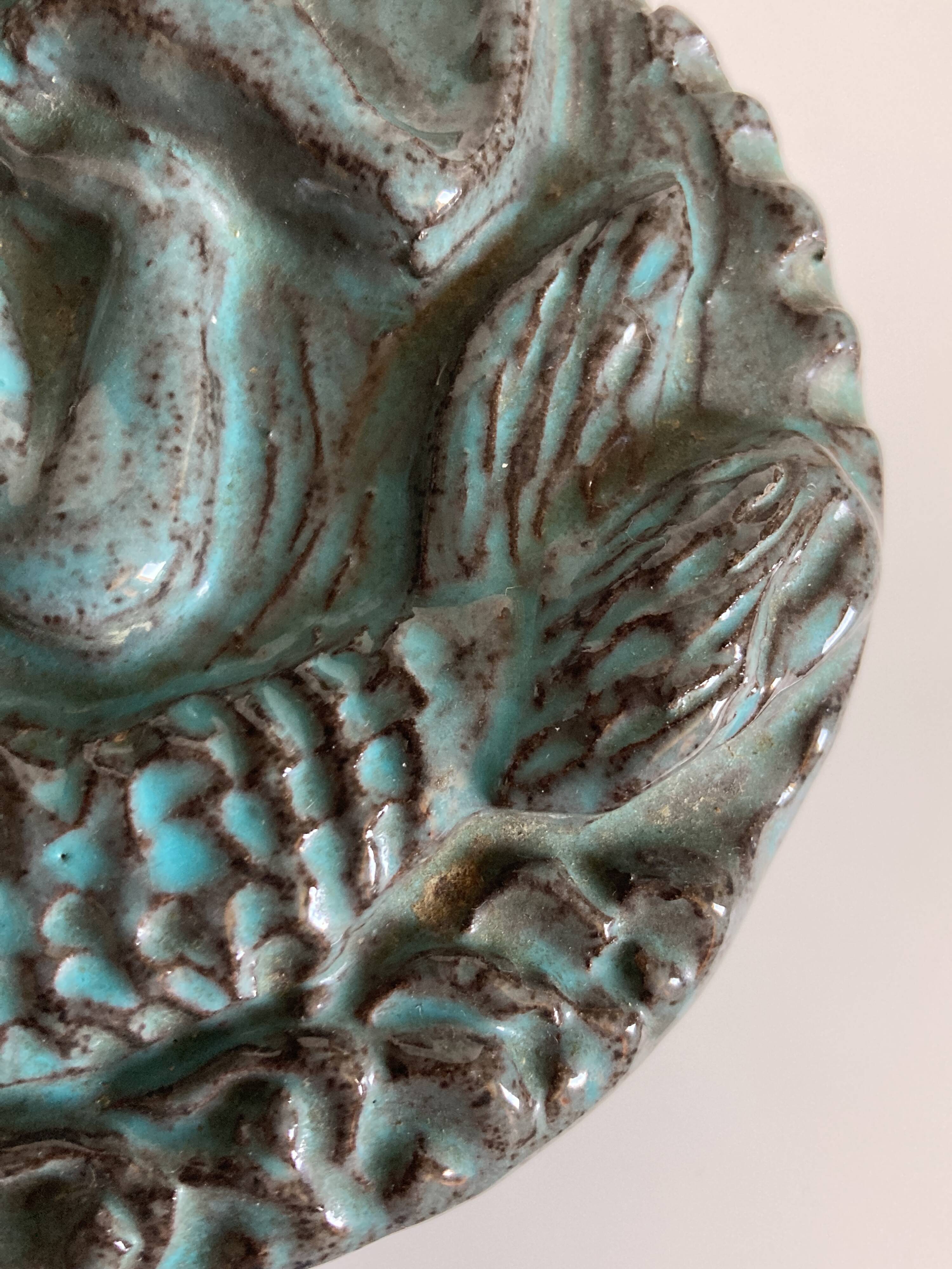 Green-blue enameled ceramic (stoneware) candy box with mermaid decoration, mid-20th century