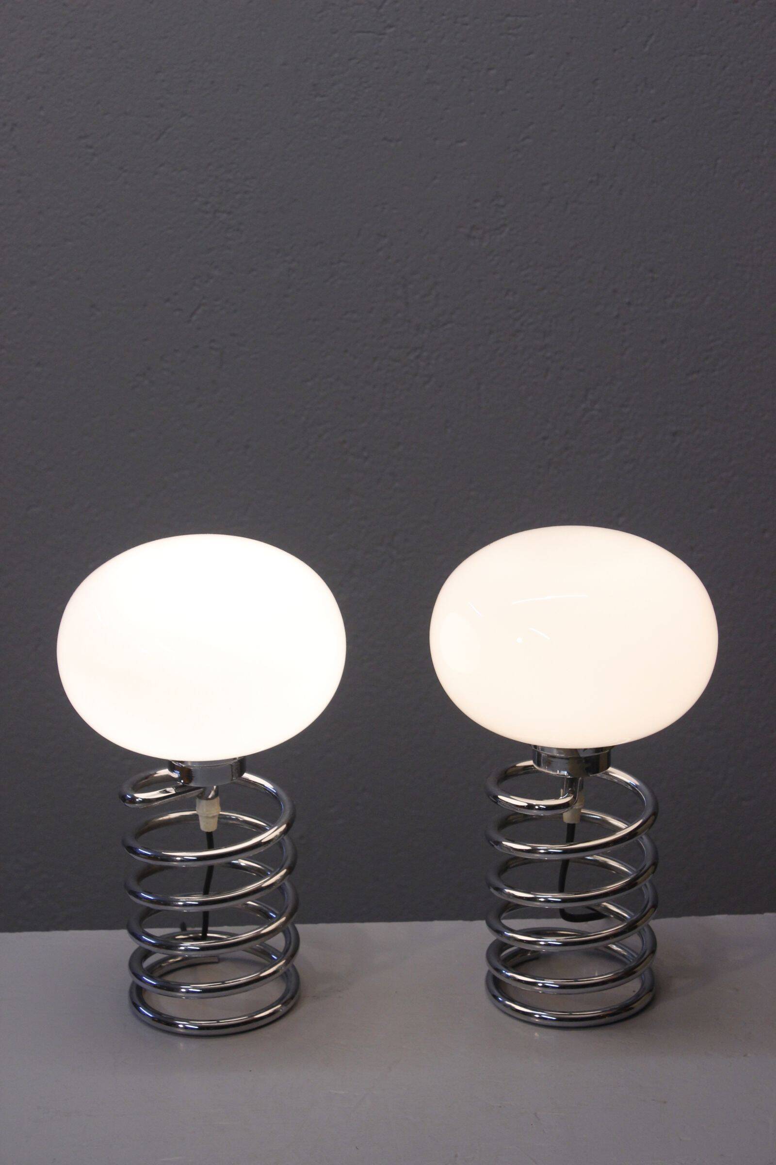 Pair of vintage chrome & opaline spring lamps 1970s