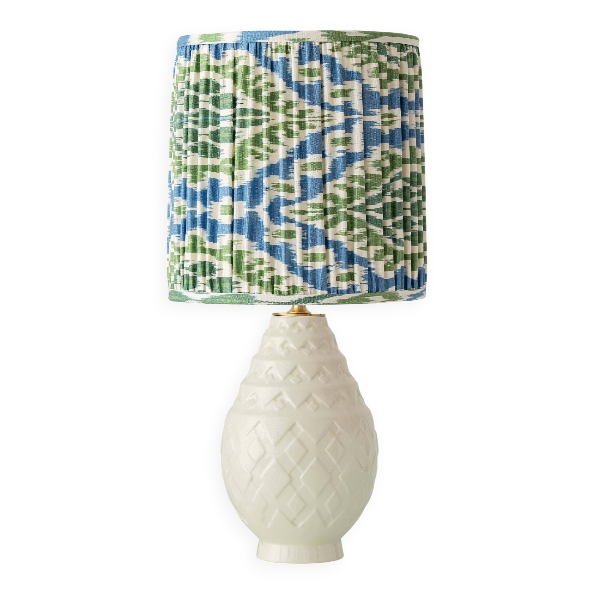 Art Deco pineapple table lamp by Charles Catteau with new Ikat silk shade, 1920s.