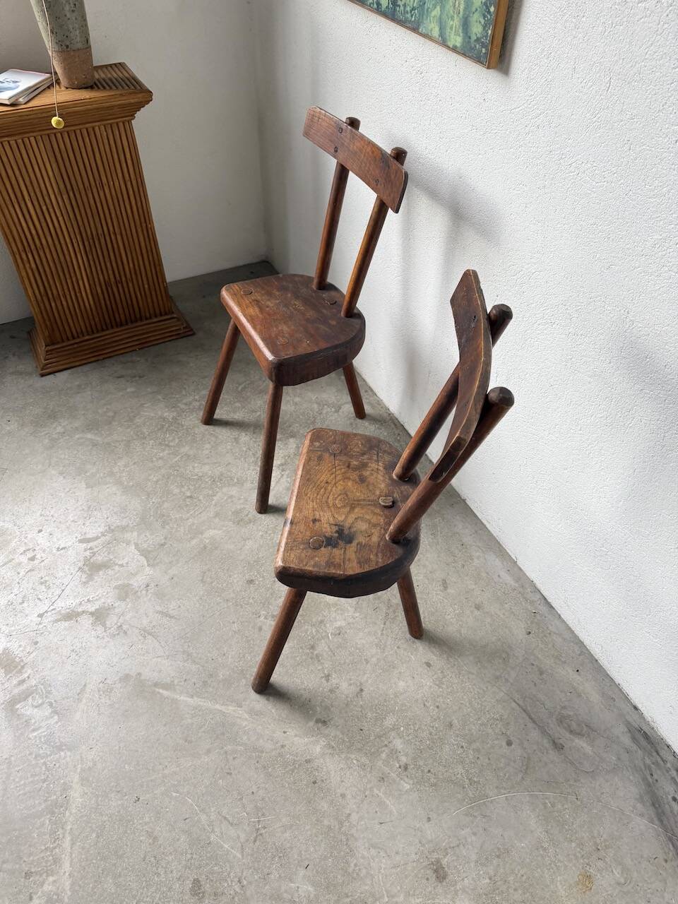Pair of Savoyard tripod chairs, folk art, oak.