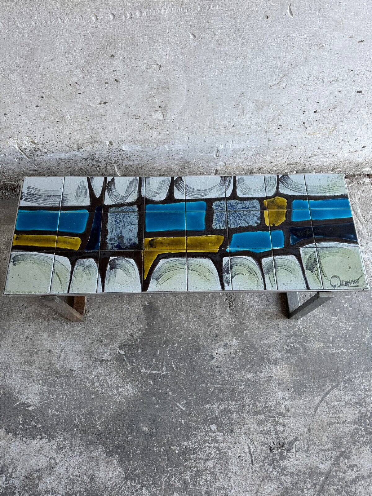 1970s Belgian Ceramic Mosaic Coffee Table by Belarti/Denisco — Multicolour Tiles, Black Metal Frame