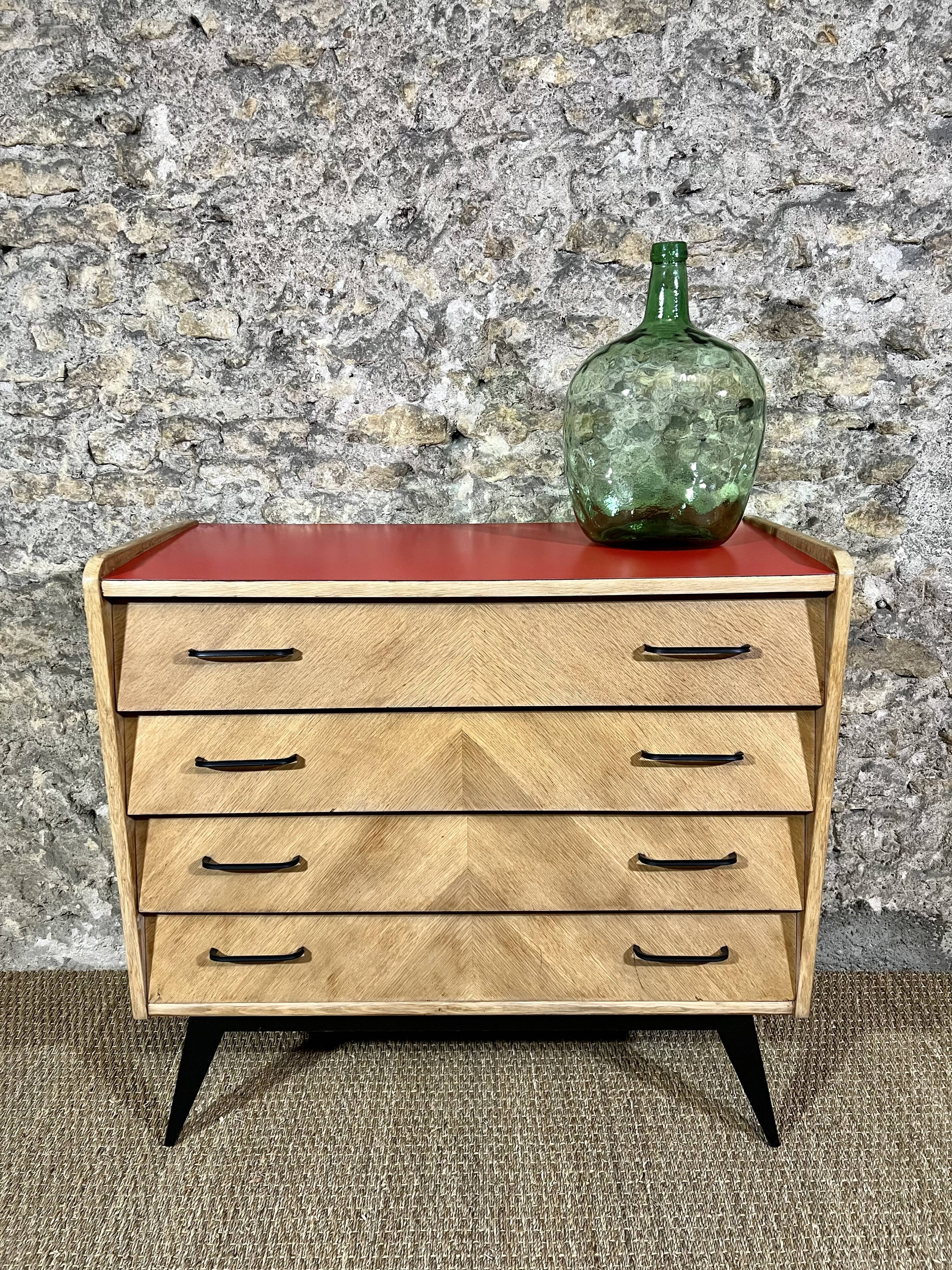 Vintage Chest of Drawers 50's Light Oak Compass Feet 4 Drawers Restyled