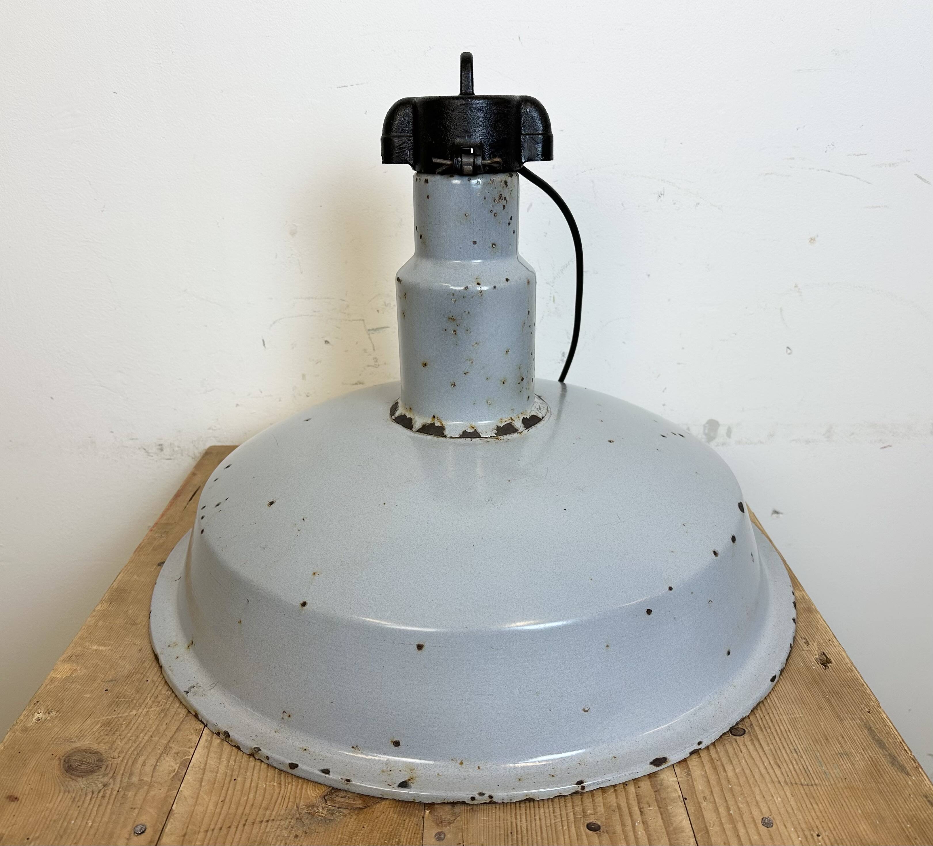 Large industrial midcentury grey enamel factory lamp, 1950s