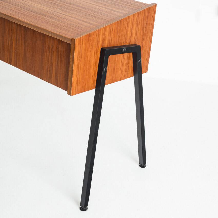 Vintage teak and lacquered iron console table. Scandinavian style. France, 1960s