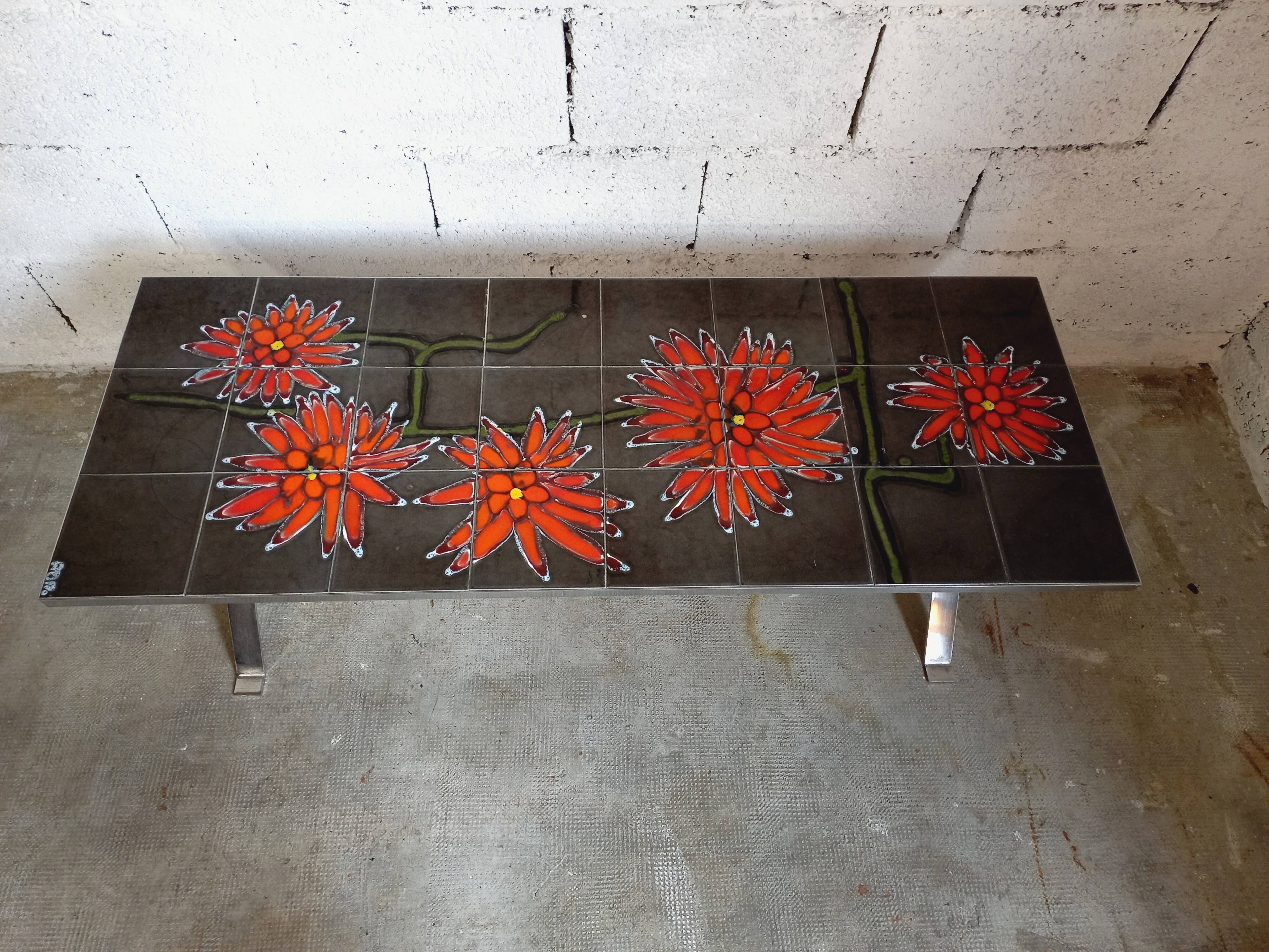 Vintage 70s coffee table in ceramic, chrome metal and wood, signed Adri