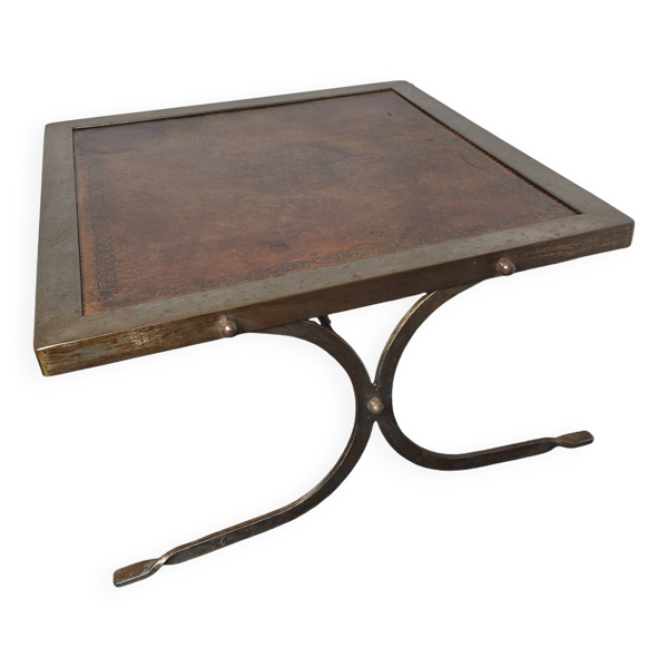 Table basse vintage en acier et cuir