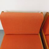 Set of 2 vintage Baumann armchairs in orange fabric and wood from the 80s