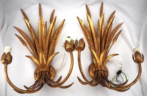 Beautiful pair of wall lights, gold metal, wheat ears, vintage, 48 cm, excellent condition.