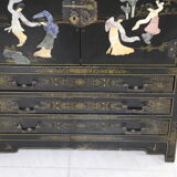 Black lacquered Chinese buffet with stone and ivory figures