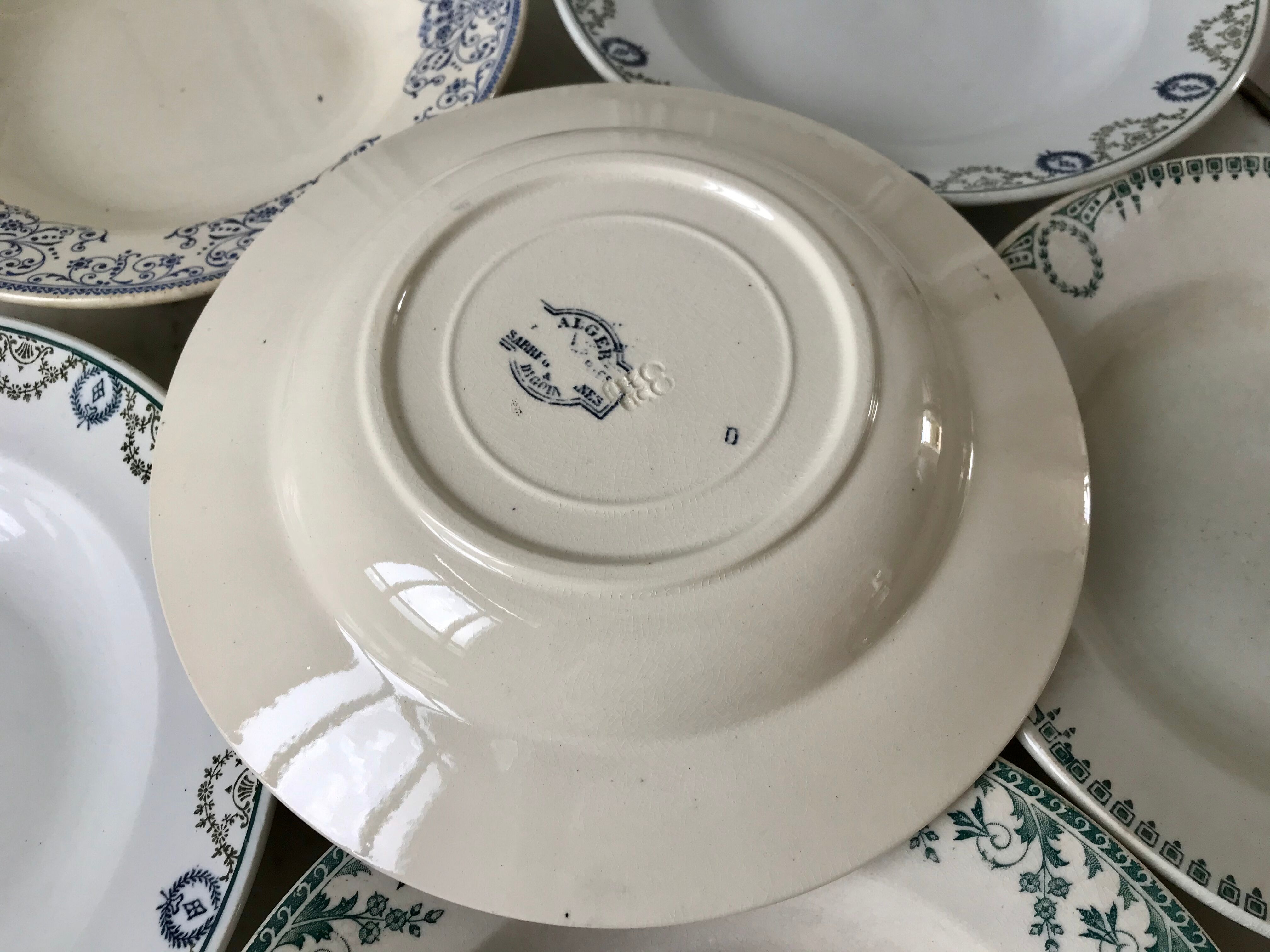 Set of 6 hollow plates Terre de Fer mismatched late nineteenth