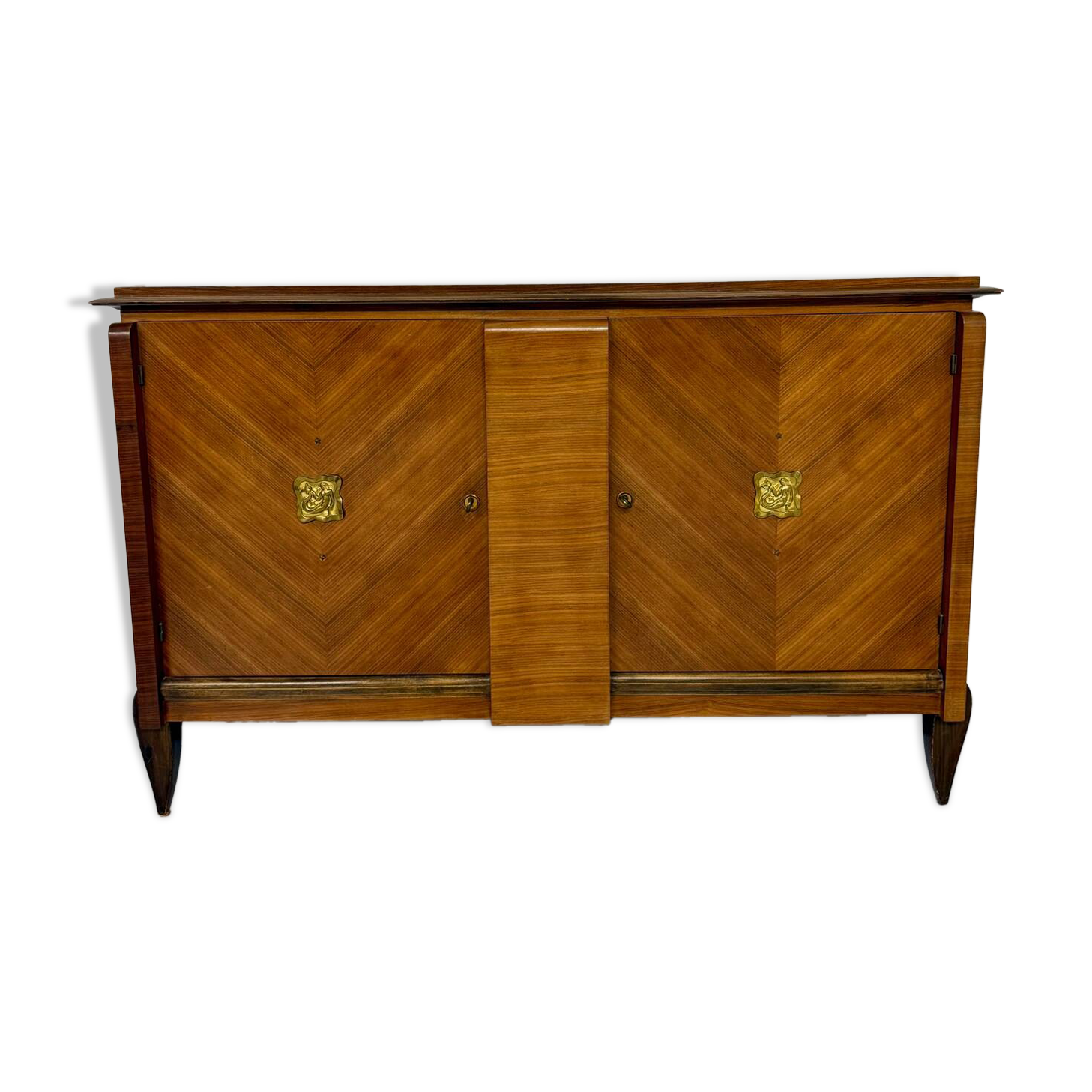 Antique art deco sideboard from the 1930s with veneered wood and bronze insert