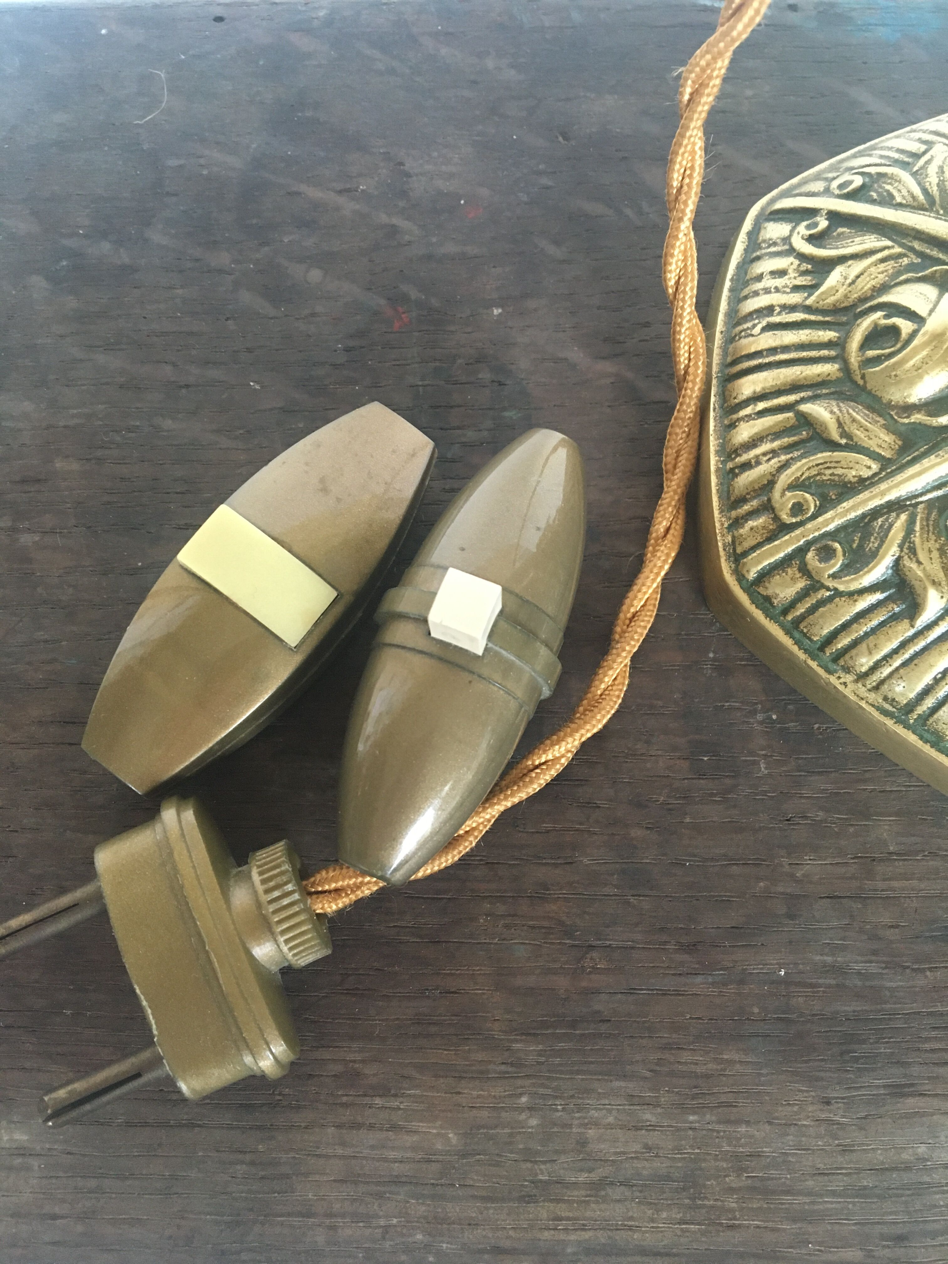 Bronze lamp, lampshade fabric stripe and cable vintage switch