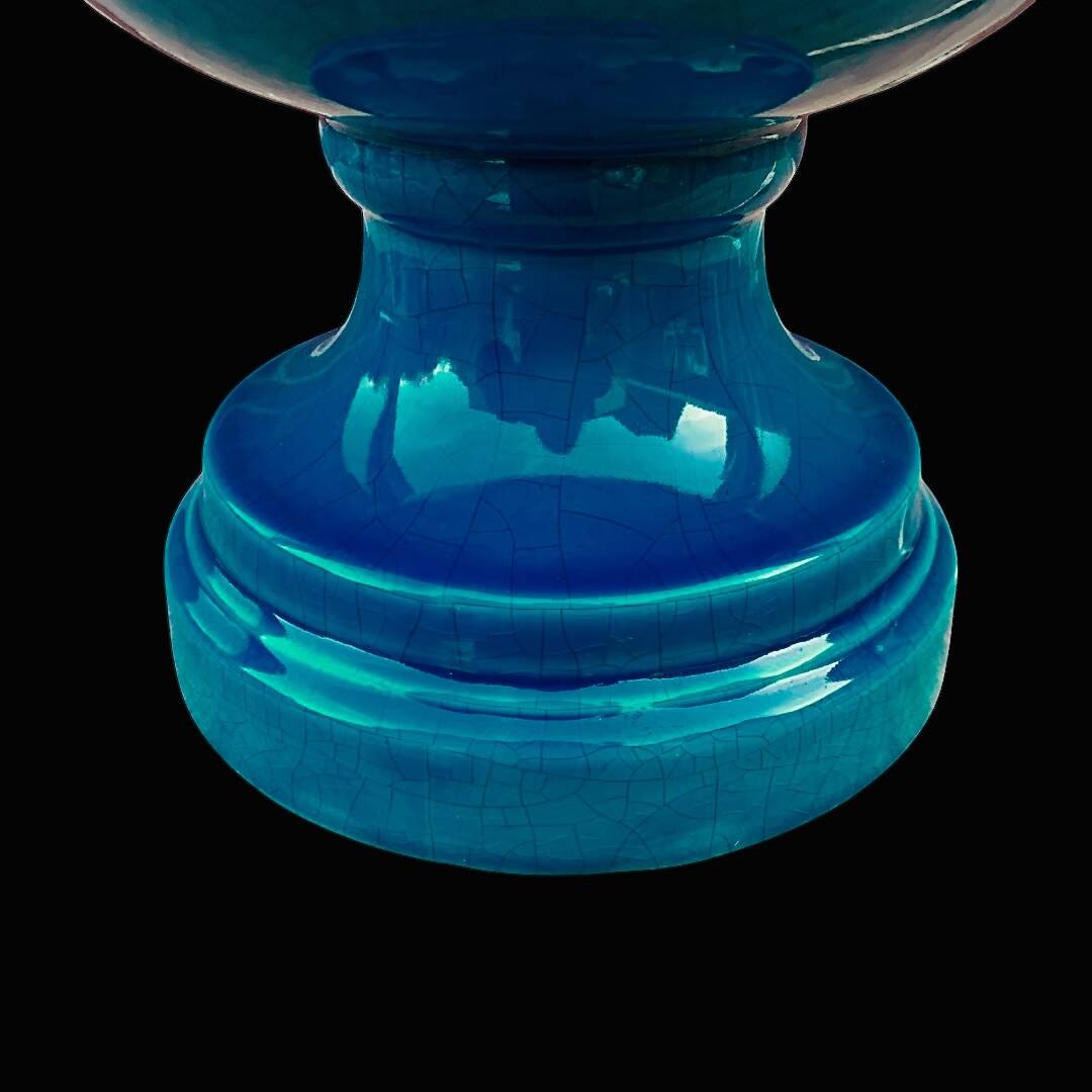 Antique large lamp base in duck blue glazed ceramic