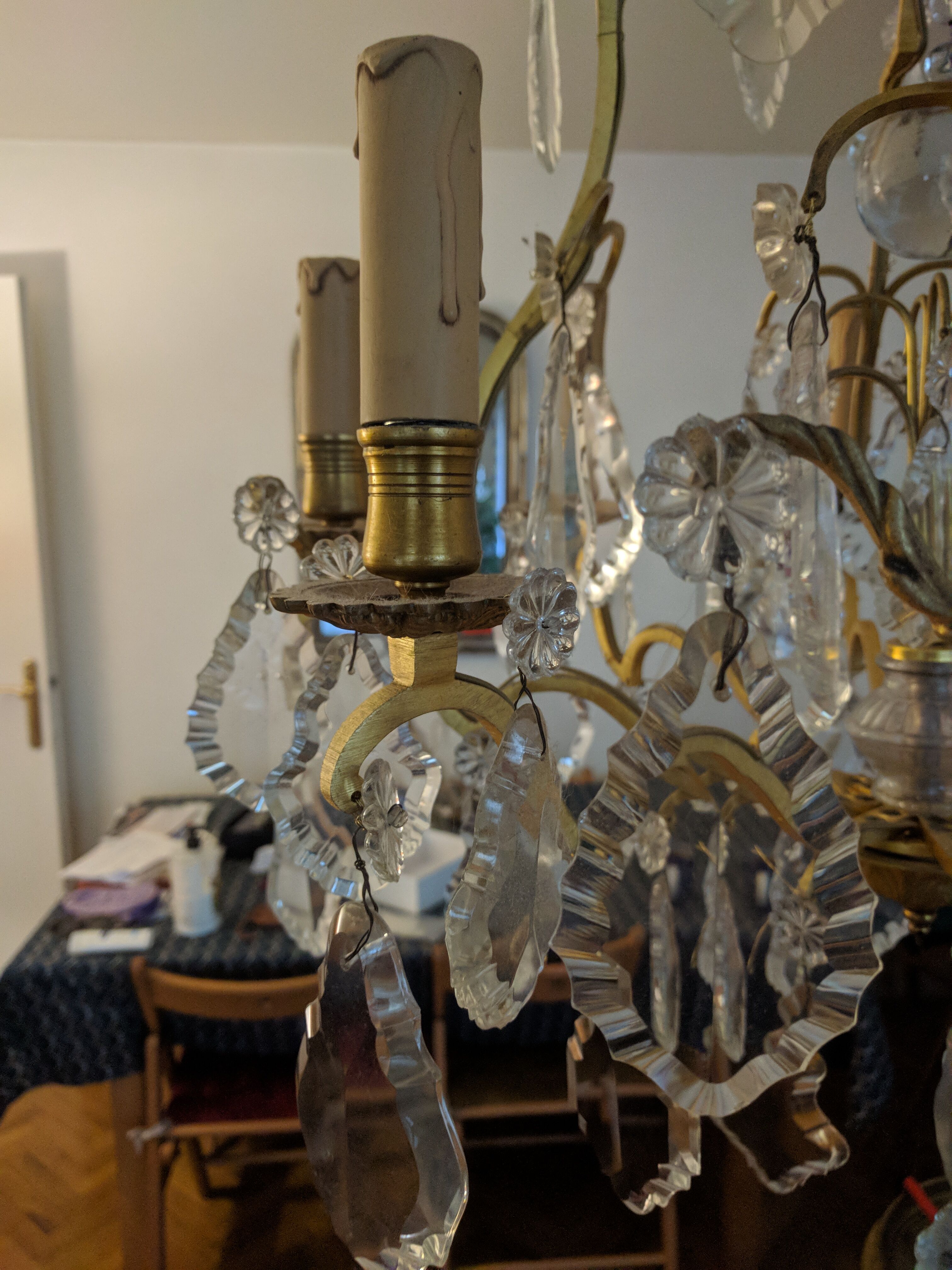 Old chandelier 8 branches bronze and Bohemian crystal late nineteenth