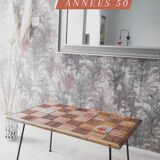 Rattan coffee table and 1950s ceramics