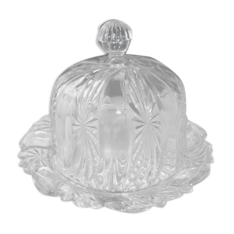 Old cheese bell on its molded pressed glass tray